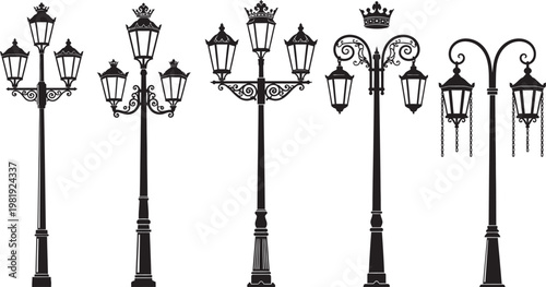 Collection of ornate street lamp silhouettes with crowns and vintage designs for architectural and urban landscape illustration