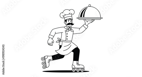 Professional chef with mustache wearing uniform and roller skates while quickly delivering food on a silver platter.