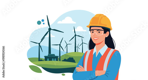 Smiling female engineer wearing hard hat and safety vest standing in front of sustainable wind turbine farm landscape.