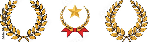 Golden laurel wreath collection, 3 luxury award icons with star and red ribbon, premium trophy symbols for victory and achievement, vector set