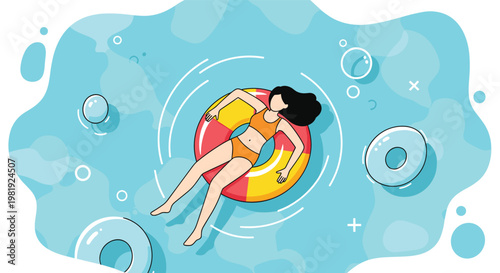 Young woman in a bikini relaxing and floating on a colorful inner tube in a clear blue swimming pool water.
