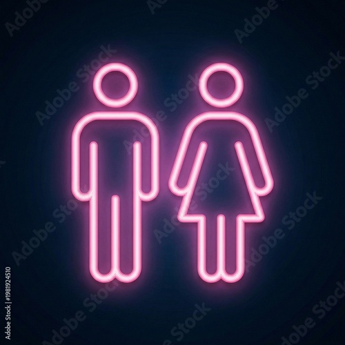 Neon male and female symbols illuminated in pink on dark background  