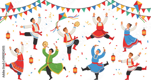 Vector illustration of traditional folk dancers in colorful costumes celebrating with tambourines, kite, lanterns, and festive banners