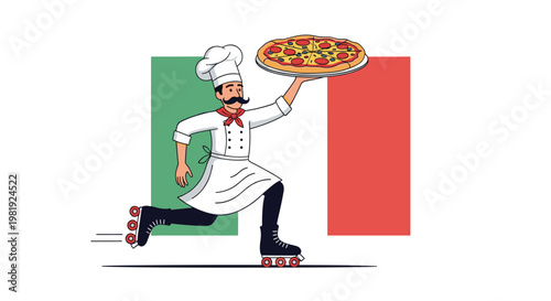 Enthusiastic Italian chef delivers a fresh pepperoni pizza while riding on roller skates against the backdrop of a large green white and red flag.