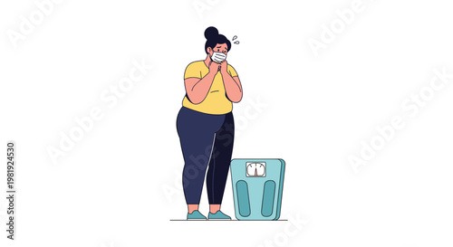 Overweight woman wearing a protective face mask looks anxious while standing next to a weighing scale, reflecting concerns about health and weight.