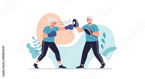 Active senior man and woman practice boxing together with focus pads and gloves, demonstrating health fitness and vitality in their retirement.