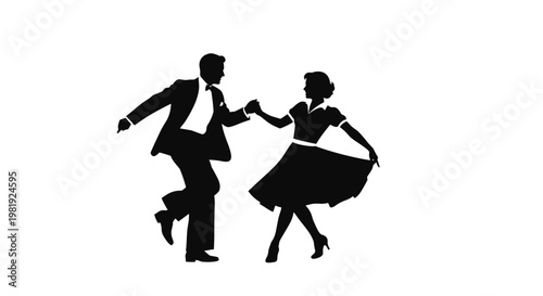 Elegant black silhouette of a man and woman in formal attire dancing together gracefully on a plain white background capturing a romantic moment.