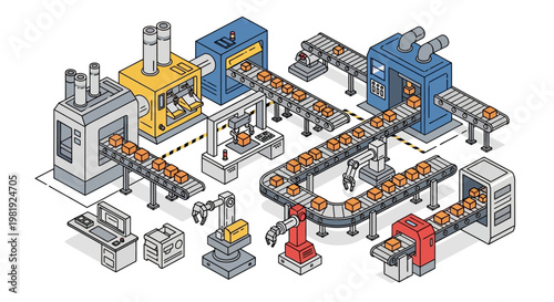 Isometric line art illustration of an automated factory with robotic arms and conveyor belts processing spherical products, presented in a clean vector graphic against a white background