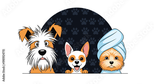 Three adorable dogs of different breeds including a terrier and a puppy with a towel on its head peek over a ledge against a paw print background.
