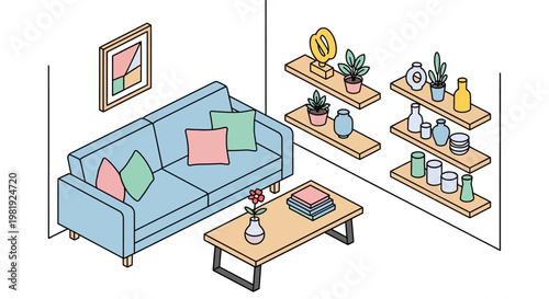 Isometric line art illustration depicting a cozy living room with a light blue sofa and wooden coffee table, complemented by shelves adorned with plants and decorative items against a clean