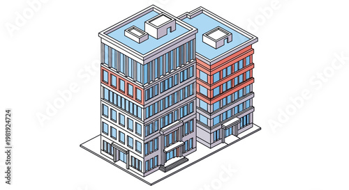 Detailed isometric building illustration showcasing two modern structures with clean lines and a minimalist design, depicted in a bright and airy style against a simple white background