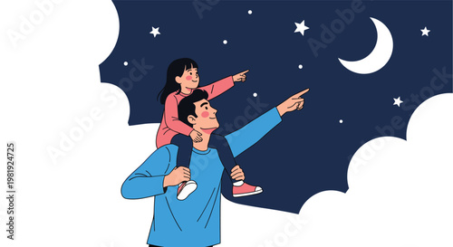 Loving father carries his young daughter on his shoulders as they both point towards the crescent moon and stars in the night sky from the clouds.