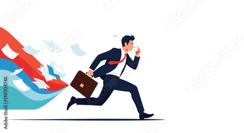 Busy businessman in a suit runs quickly while carrying a briefcase and drinking coffee as important documents fly out behind him in a colorful trail.