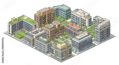 Isometric line art illustration showing a city block featuring various building designs with green roofs and a central park area, all rendered in a clean vector style against a white