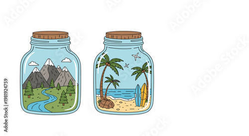 Two glass jars containing miniature ecosystems of a snowy mountain range with a river and a tropical beach with palm trees and surfboards.