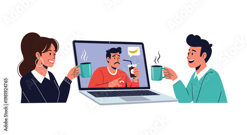 Two friends enjoy a virtual coffee date via video call on a laptop screen, connecting remotely while holding their mugs from their respective homes.