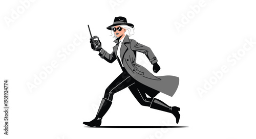 Mysterious female secret agent in a grey trench coat and fedora runs with a walkie talkie in hand during a dramatic black and white mission scene.