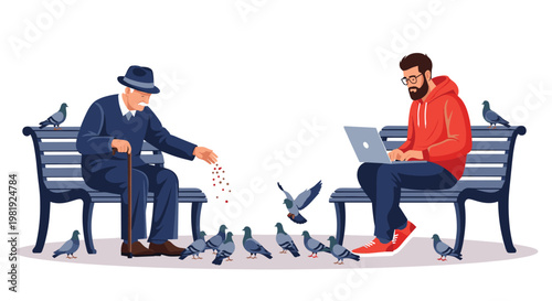 Elderly man sits on a park bench feeding a flock of pigeons while a young man sits nearby working on his laptop computer in a shared public space.