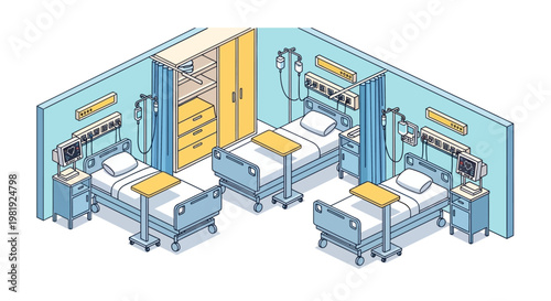 Isometric line art illustration of a hospital ward featuring three beds and medical equipment, designed with pastel blue walls and a clean, minimalist design, conveying a sense of calm