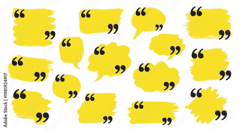 Obraz premium Collection of yellow speech bubbles with quotation marks for testimonials and feedback vector graphic design