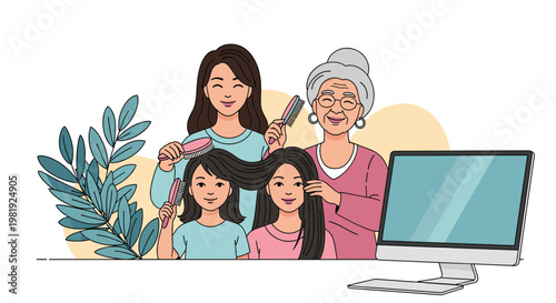 Smiling multi-generational family including grandmother, mother, and two daughters brushing each others hair next to a computer monitor at home.
