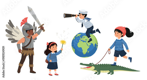 Diverse children exploring their imagination dressed as a knight, sailor, and adventurer while playing with a dandelion and toy crocodile.