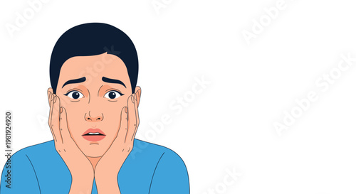 Close up illustration of a young man with a shocked and terrified facial expression holding his cheeks with both hands on a plain white background.