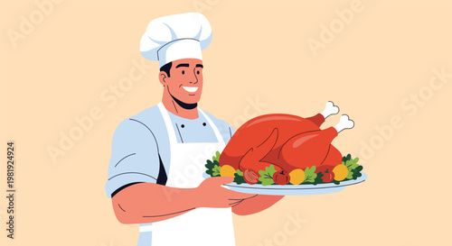 Happy male chef in white uniform and hat holding a large roasted turkey on a garnished plate for Thanksgiving or Christmas holiday dinner.