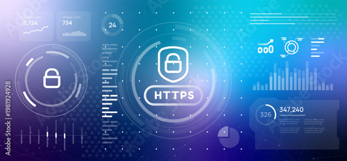 HTTPS secure internet protocol and web protection concept https icon with lock shield on blue digital dashboard with data security statistics for cybersecurity encryption and private data safety