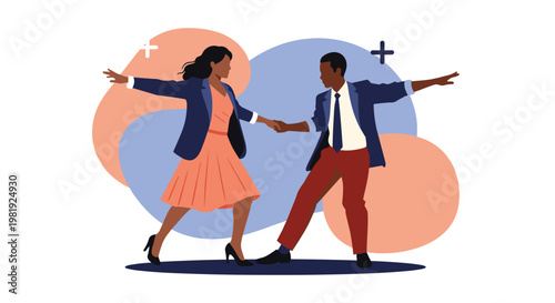 Elegant African American man and woman in business attire dancing together against a colorful abstract background in modern vector design.