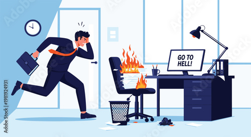 Stressed businessman in suit running out of an office as his desk with paperwork and chair catch fire while computer shows an angry message.