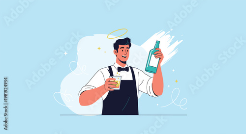 Handsome bartender wearing halo and tuxedo holding a glass of cocktail and a bottle of alcohol in conceptual vector illustration of service.