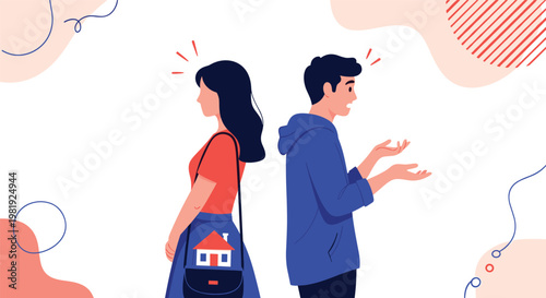Couple standing back to back in conflict while man looks frustrated and woman has a house icon in her pocket representing real estate disputes.