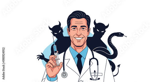 Smiling male doctor holding a syringe while dark shadows of devils and a snake loom behind him in conceptual vector illustration of medical distrust.