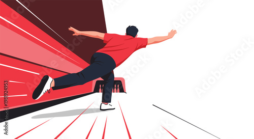 Dynamic view from behind of a man in a red shirt bowling a ball down a lane toward the pins in modern vector sports illustration.