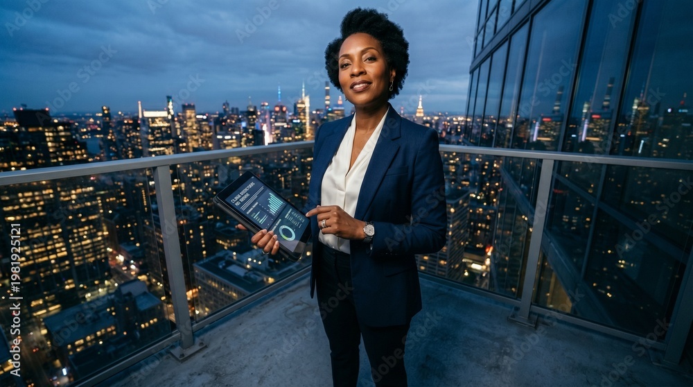 Fototapeta premium A confident businesswoman standing on a rooftop overlooking a vibrant cityscape at dusk