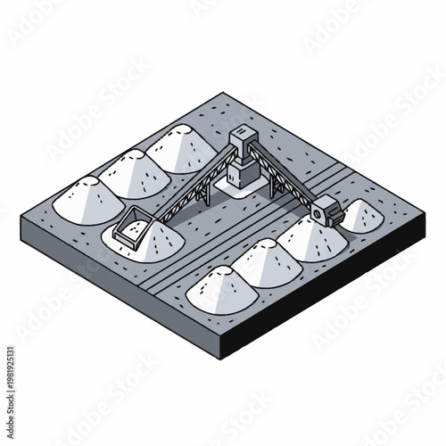 Industrial conveyor belt system moving piles of white material on a concrete platform.