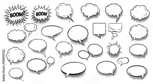 Comic book speech bubbles and thought clouds with halftone pattern dots vector set for graphic storytelling