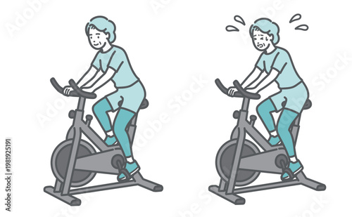 フィットネスバイクを漕ぐシニア女性の比較セットイラスト