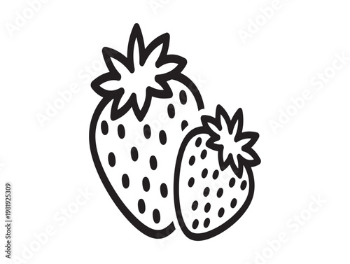 Charming black and white illustration of two strawberries with leafy green tops