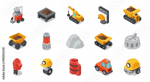 Isometric icons representing mining industry equipment and materials for construction and heavy industry.