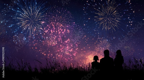 Family Silhouette Watching Fireworks Night Sky Colorful Celebration Background