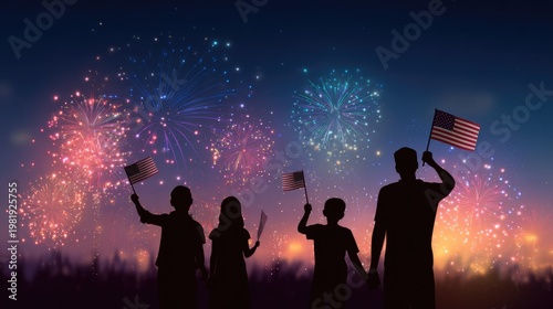 Family Holding American Flags Watching Fireworks Independence Day Celebration