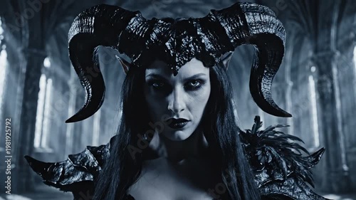 Woman in dark attire with horns in gothic interior