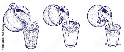 Traditional clay jug pouring fresh milk into glass with almonds drawing rustic beverage illustration in line art style.