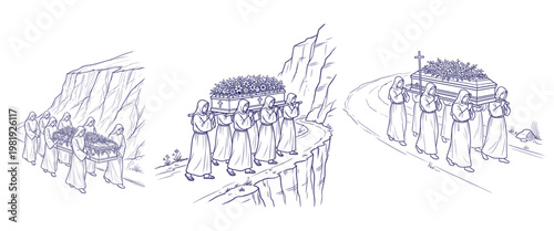 Funeral procession with monks carrying flower decorated coffin along mountain path way sketch illustration for rituals.