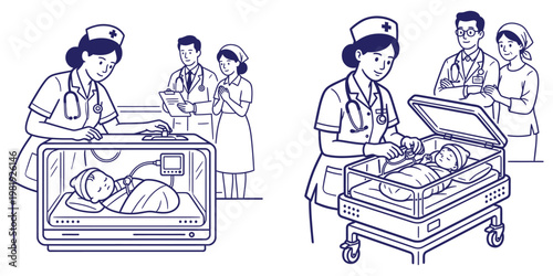 Medical staff including nurses and doctors caring for newborn babies in incubators, depicting dedicated pediatric care.