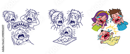 Family distressed and crying over a fussy baby, parental stress, child needs care, difficult parenthood.