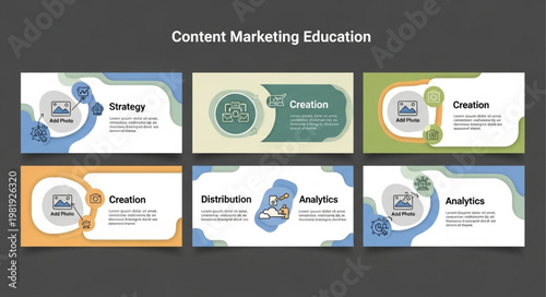 Six content marketing education infographic slide templates.