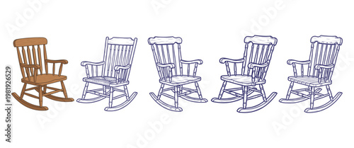 Vintage rocking chair collection featuring different wood textures and line art styles for interior design and furniture.
